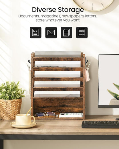 Wall File Organizer, 10-Tier Hanging Mail Organizer, Wall Mount File Holder with 4 Side Hooks, Mail and Storage Organizer, Wooden Vertical Hanging Holder for Office, Rustic Brown MWJ03FG