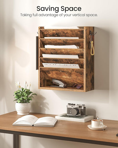 Wall File Organizer, 10-Tier Hanging Mail Organizer, Wall Mount File Holder with 4 Side Hooks, Mail and Storage Organizer, Wooden Vertical Hanging Holder for Office, Rustic Brown MWJ03FG