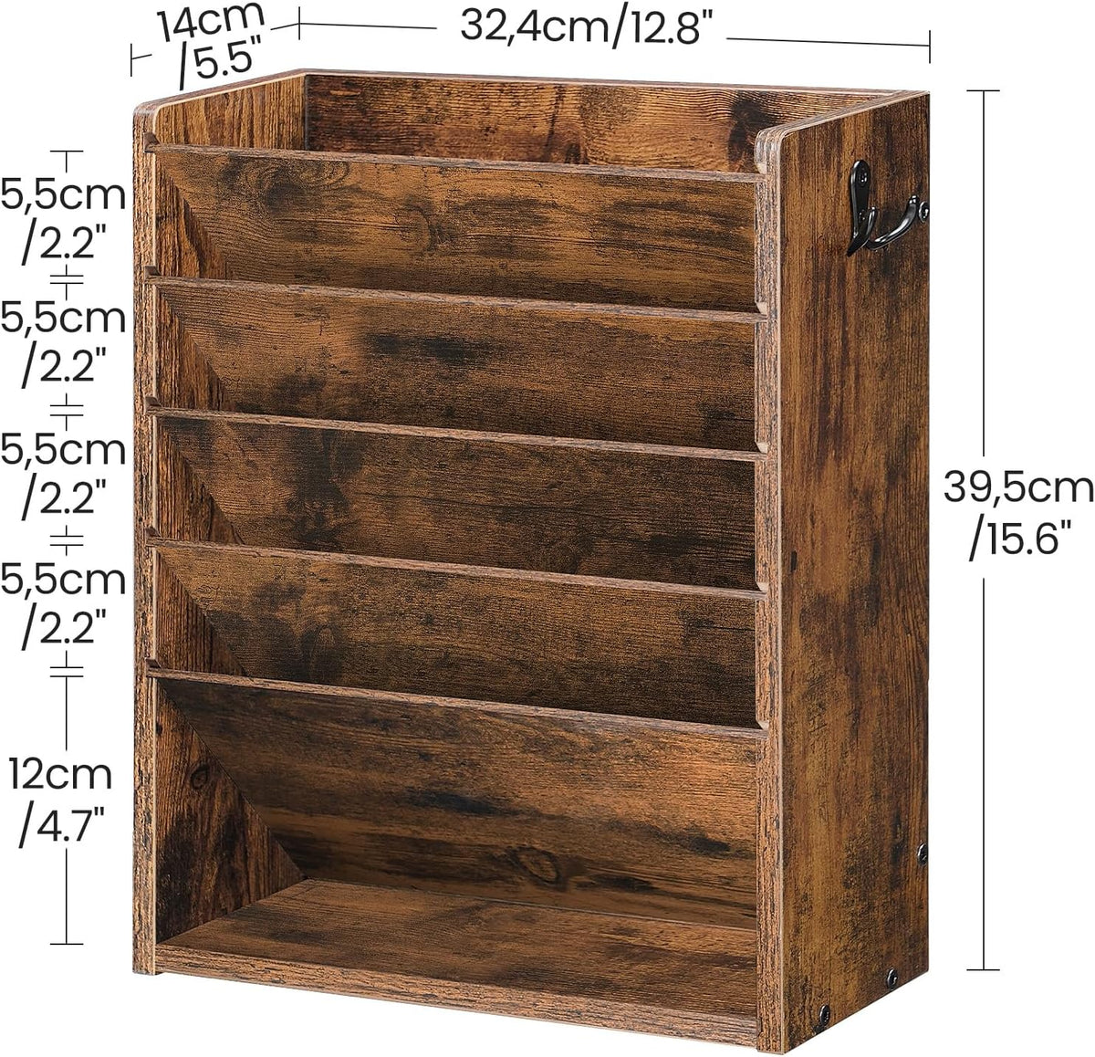 Wall File Organizer, 10-Tier Hanging Mail Organizer, Wall Mount File Holder with 4 Side Hooks, Mail and Storage Organizer, Wooden Vertical Hanging Holder for Office, Rustic Brown MWJ03FG