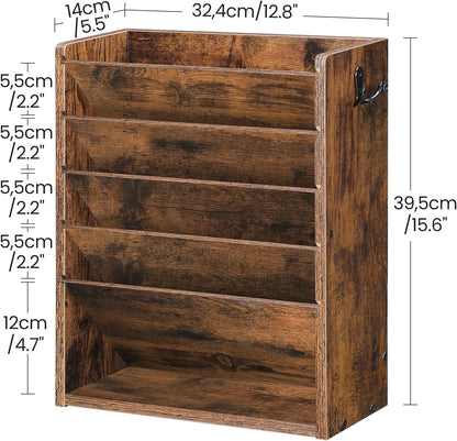Wall File Organizer, 10-Tier Hanging Mail Organizer, Wall Mount File Holder with 4 Side Hooks, Mail and Storage Organizer, Wooden Vertical Hanging Holder for Office, Rustic Brown MWJ03FG