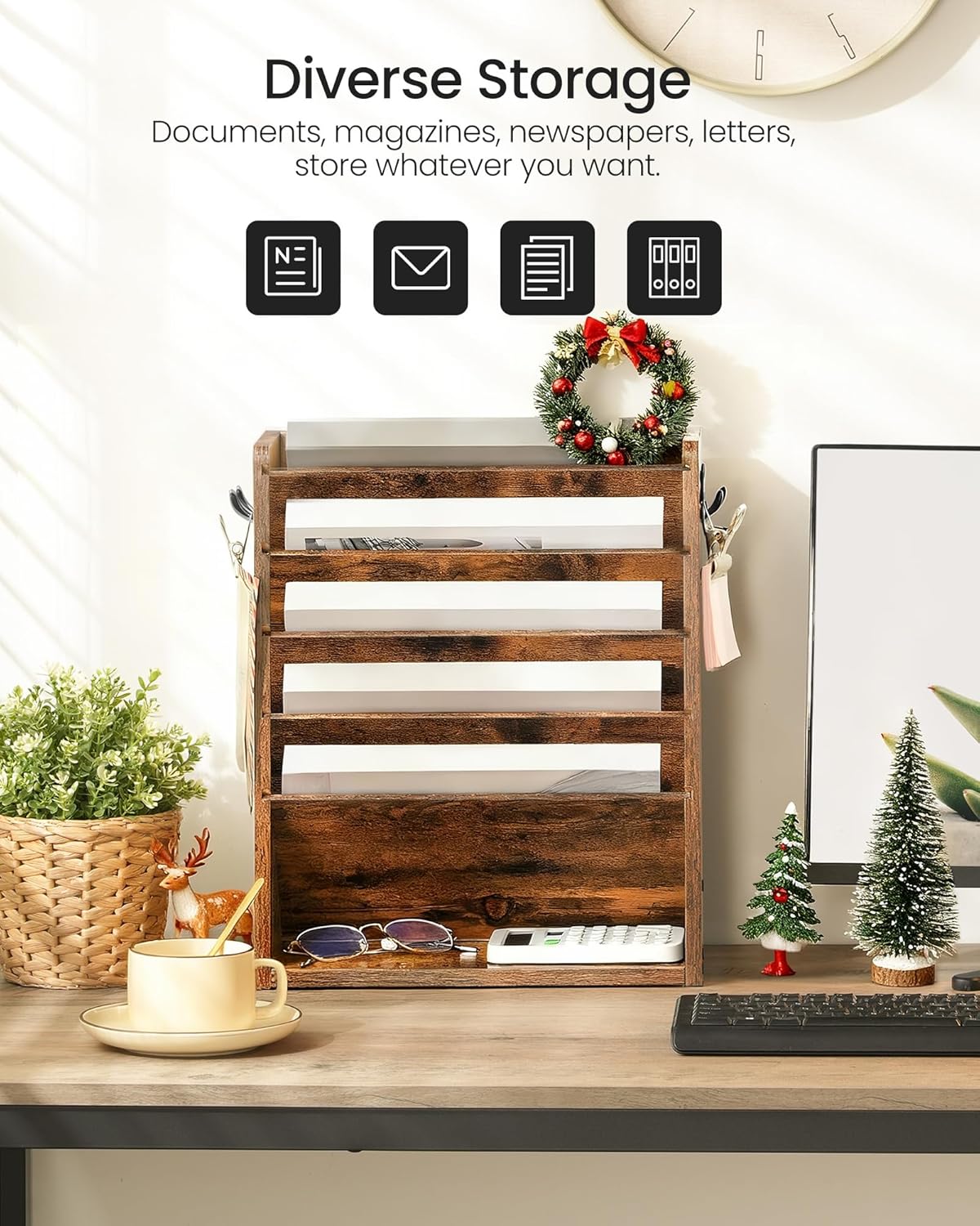 Wall File Organizer, 10-Tier Hanging Mail Organizer, Wall Mount File Holder with 4 Side Hooks, Mail and Storage Organizer, Wooden Vertical Hanging Holder for Office, Rustic Brown MWJ03FG