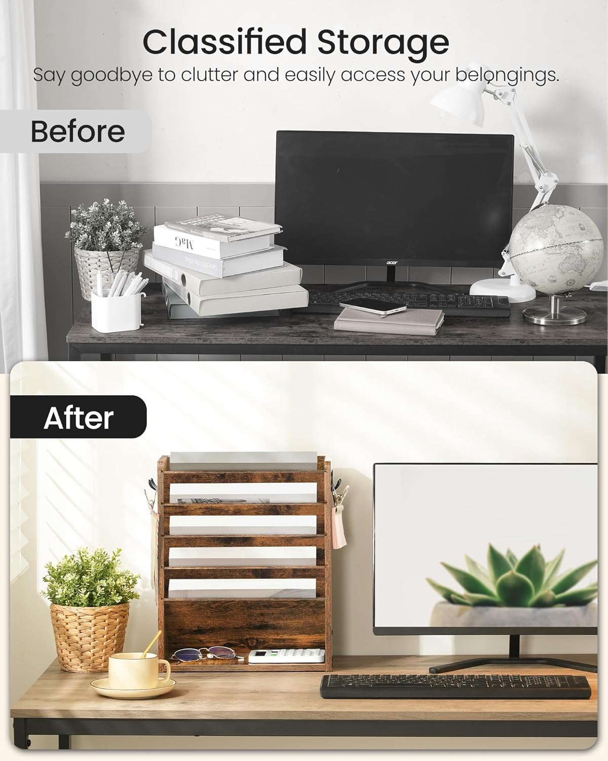Wall File Organizer, 10-Tier Hanging Mail Organizer, Wall Mount File Holder with 4 Side Hooks, Mail and Storage Organizer, Wooden Vertical Hanging Holder for Office, Rustic Brown MWJ03FG
