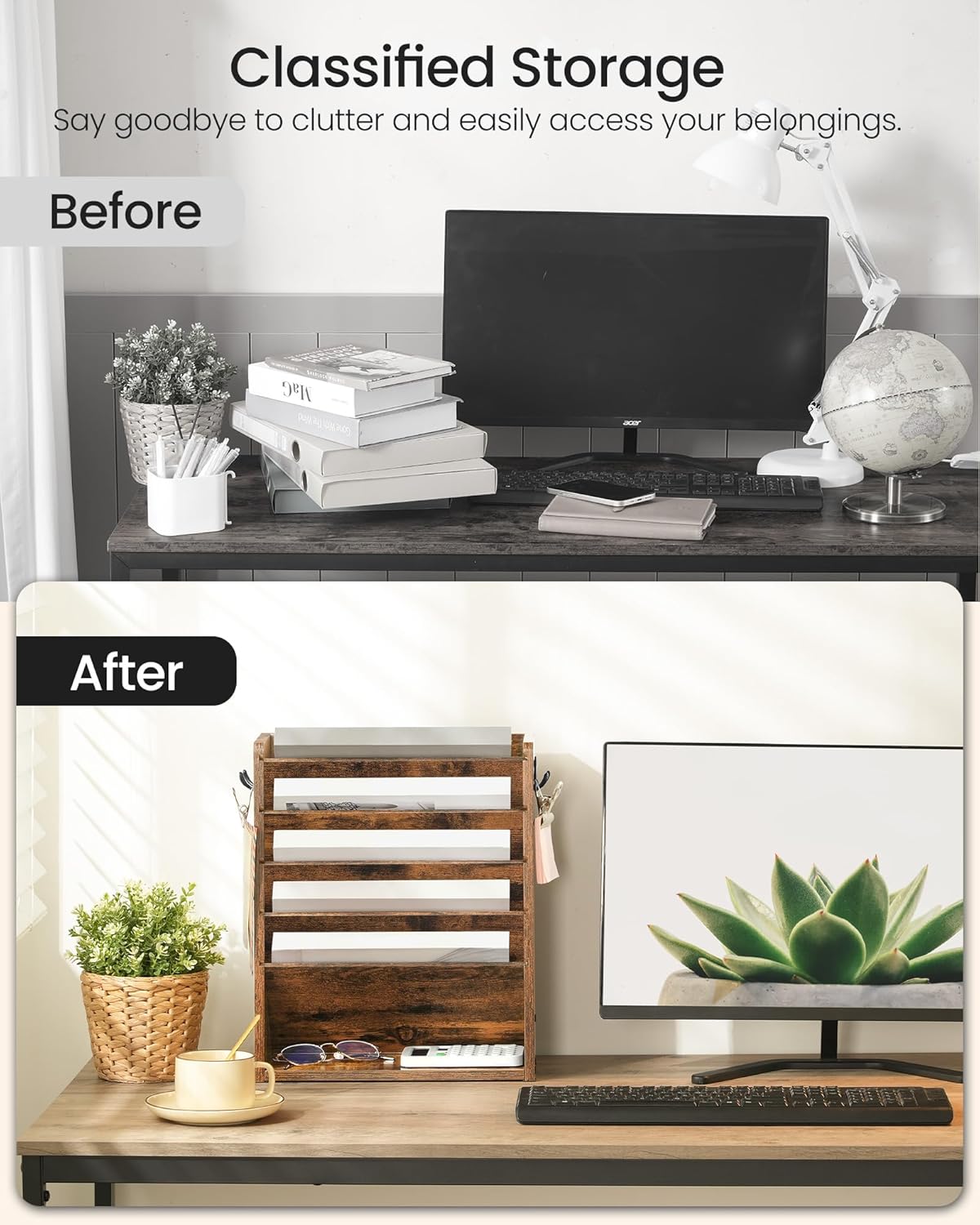 Wall File Organizer, 10-Tier Hanging Mail Organizer, Wall Mount File Holder with 4 Side Hooks, Mail and Storage Organizer, Wooden Vertical Hanging Holder for Office, Rustic Brown MWJ03FG