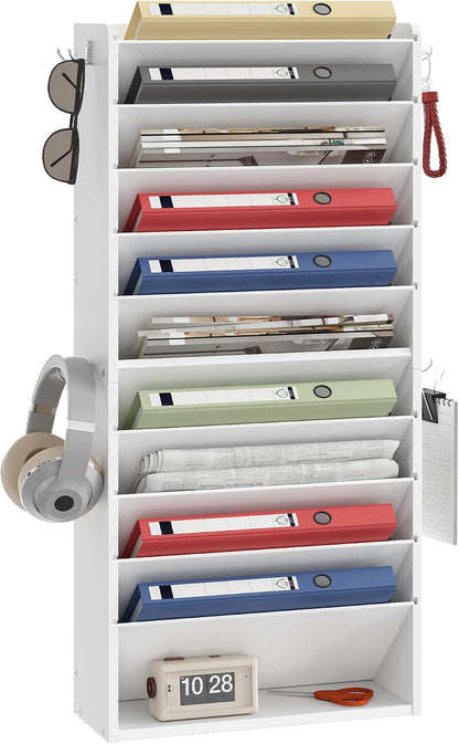 Wall File Organizer, 10-Tier Hanging Mail Organizer, Wall Mount File Holder with 4 Side Hooks, Mail and Storage Organizer, Wooden Vertical Hanging Holder for Office, Rustic Brown MWJ03FG