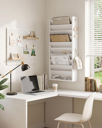 Wall File Organizer, 10-Tier Hanging Mail Organizer, Wall Mount File Holder with 4 Side Hooks, Mail and Storage Organizer, Wooden Vertical Hanging Holder for Office, Rustic Brown MWJ03FG