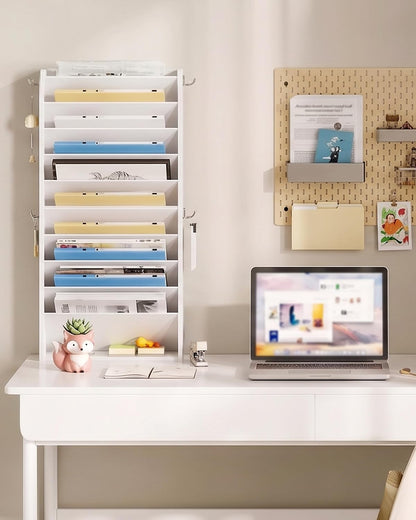 Wall File Organizer, 10-Tier Hanging Mail Organizer, Wall Mount File Holder with 4 Side Hooks, Mail and Storage Organizer, Wooden Vertical Hanging Holder for Office, Rustic Brown MWJ03FG
