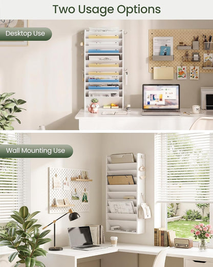 Wall File Organizer, 10-Tier Hanging Mail Organizer, Wall Mount File Holder with 4 Side Hooks, Mail and Storage Organizer, Wooden Vertical Hanging Holder for Office, Rustic Brown MWJ03FG