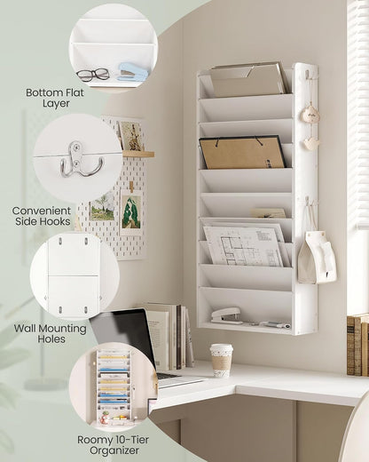 Wall File Organizer, 10-Tier Hanging Mail Organizer, Wall Mount File Holder with 4 Side Hooks, Mail and Storage Organizer, Wooden Vertical Hanging Holder for Office, Rustic Brown MWJ03FG