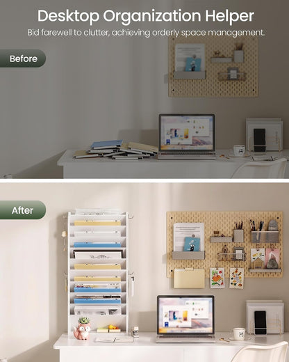 Wall File Organizer, 10-Tier Hanging Mail Organizer, Wall Mount File Holder with 4 Side Hooks, Mail and Storage Organizer, Wooden Vertical Hanging Holder for Office, Rustic Brown MWJ03FG
