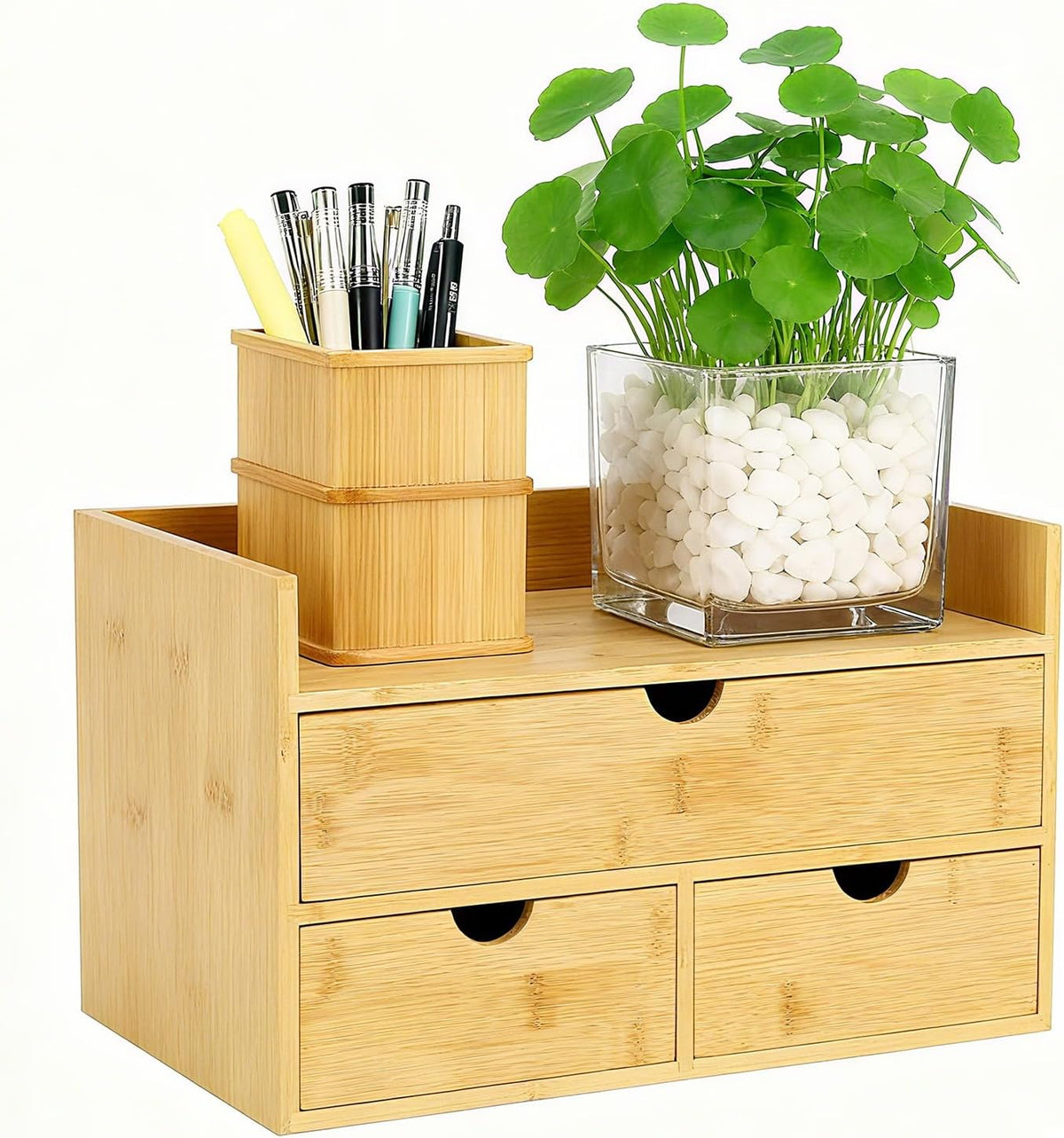 Desk Organizer with Drawers - Bamboo Desktop Organizer for Office Home Makeup Vanity Shelf, Stackable Storage Drawers Box for Desk Organization, No Assembly Required