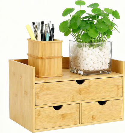 Desk Organizer with Drawers - Bamboo Desktop Organizer for Office Home Makeup Vanity Shelf, Stackable Storage Drawers Box for Desk Organization, No Assembly Required