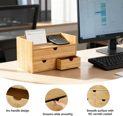 Desk Organizer with Drawers - Bamboo Desktop Organizer for Office Home Makeup Vanity Shelf, Stackable Storage Drawers Box for Desk Organization, No Assembly Required