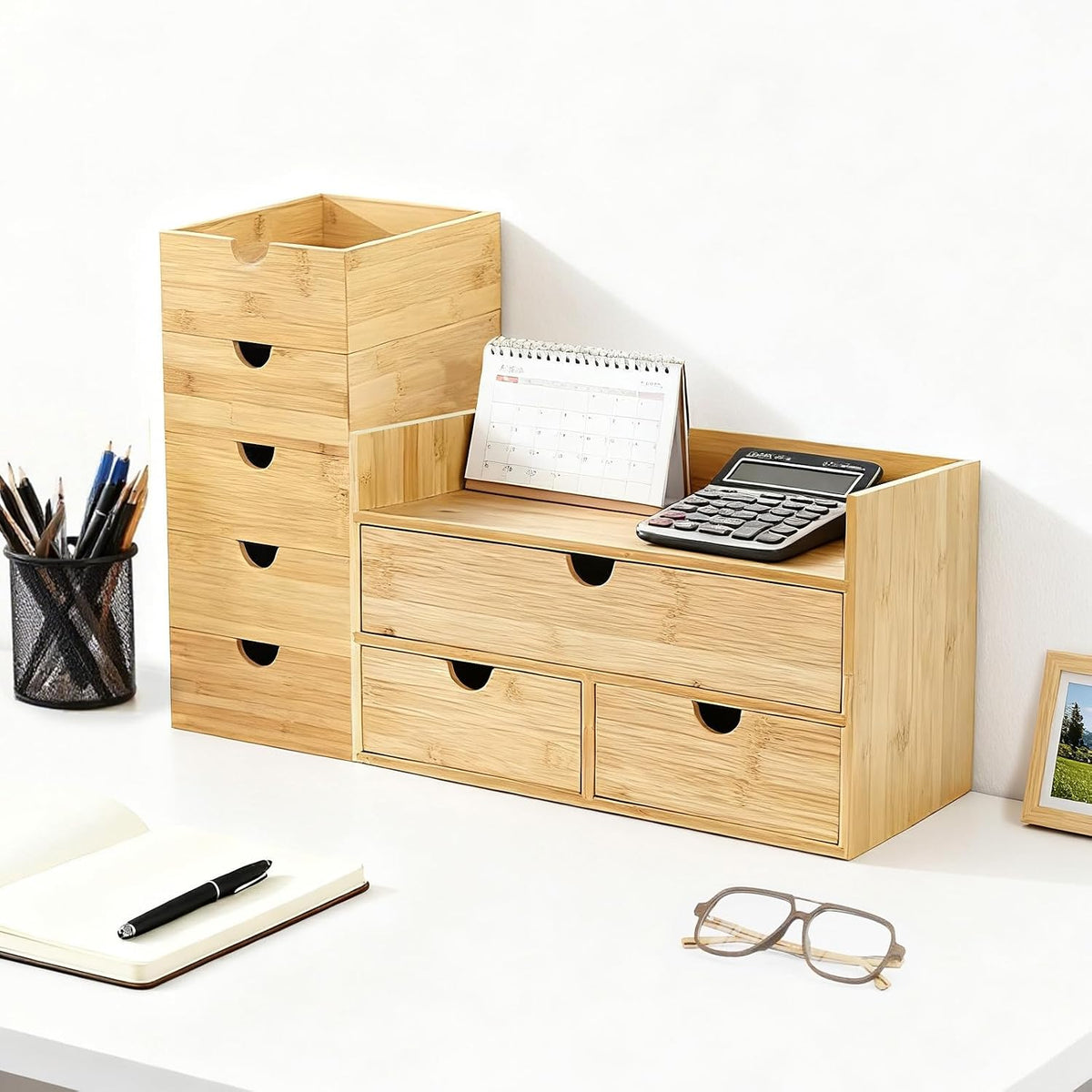 Desk Organizer with Drawers - Bamboo Desktop Organizer for Office Home Makeup Vanity Shelf, Stackable Storage Drawers Box for Desk Organization, No Assembly Required