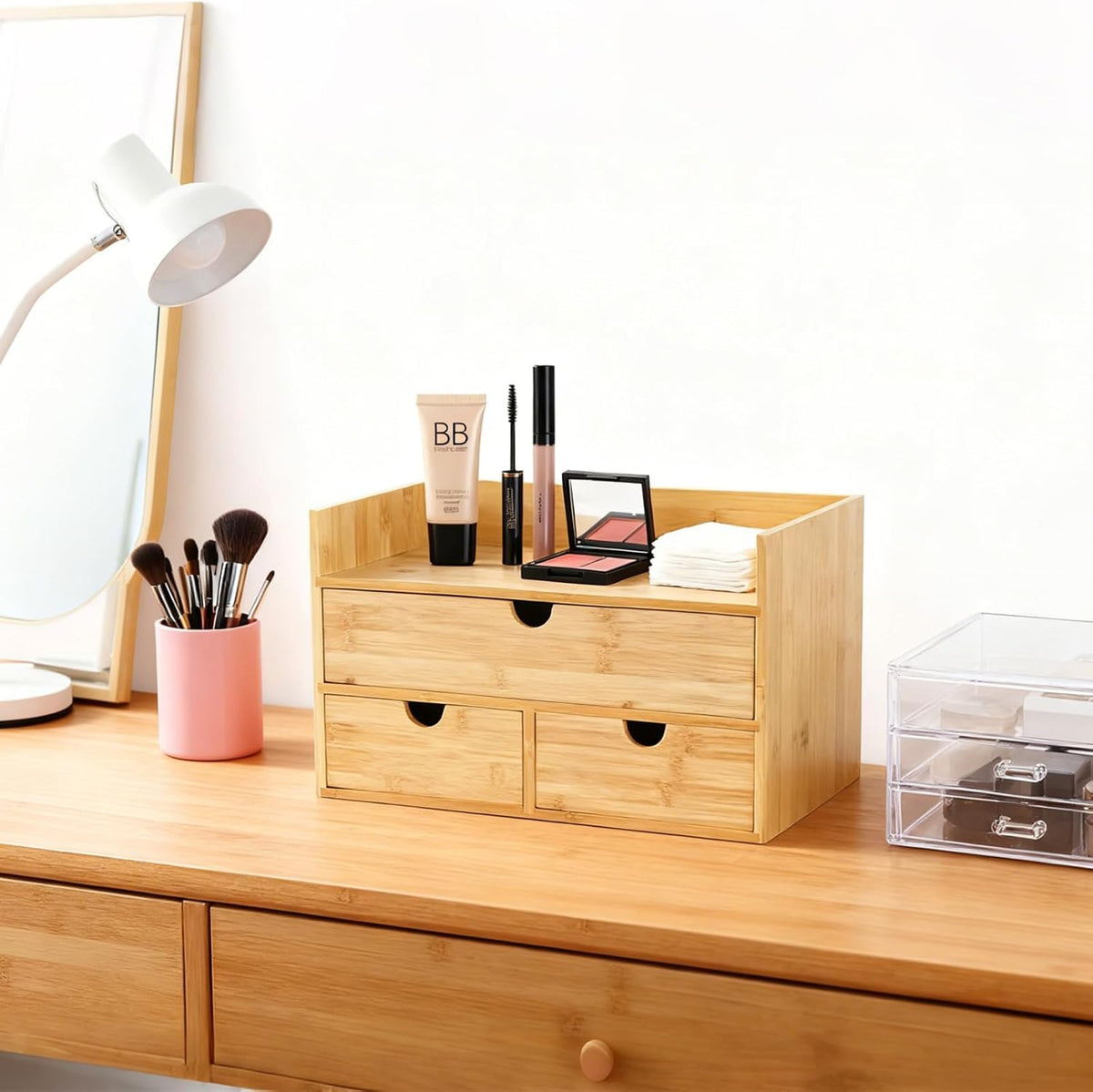 Desk Organizer with Drawers - Bamboo Desktop Organizer for Office Home Makeup Vanity Shelf, Stackable Storage Drawers Box for Desk Organization, No Assembly Required