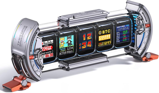 Times Gate - Cyberpunk Gaming Setup Digital Alarm Clock, Smart APP, WiFi Connect, RGB LED Display, Personalized Financial & Bitcoin Dashboard, Pixel Art for Gaming Room & Office Decor, Silver