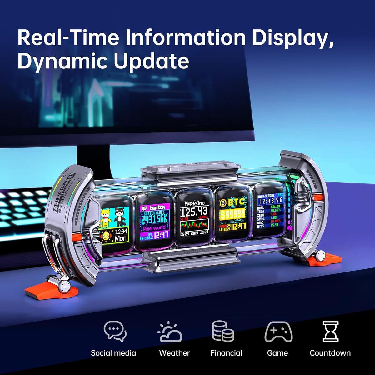 Times Gate - Cyberpunk Gaming Setup Digital Alarm Clock, Smart APP, WiFi Connect, RGB LED Display, Personalized Financial & Bitcoin Dashboard, Pixel Art for Gaming Room & Office Decor, Silver