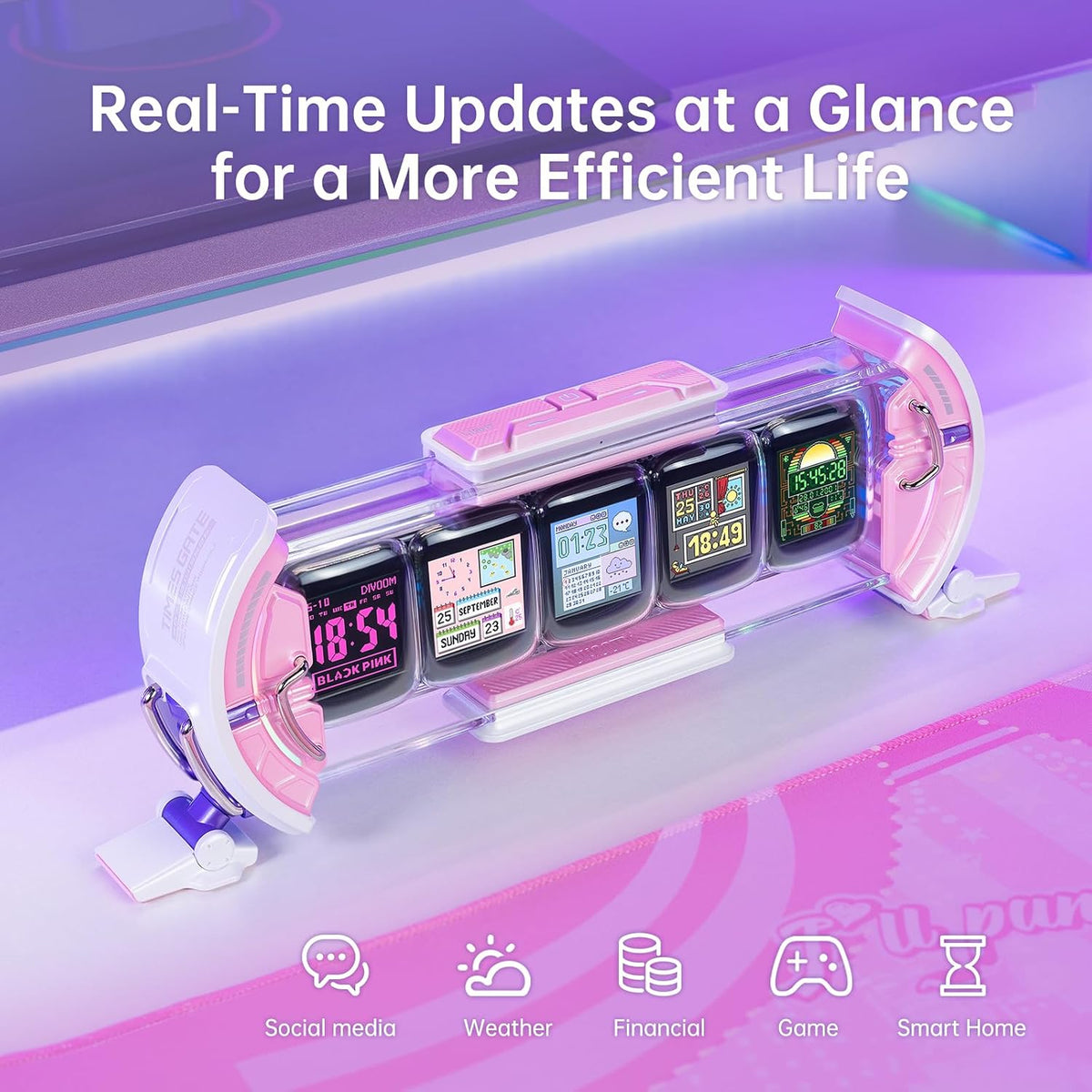 Times Gate - Cyberpunk Gaming Setup Digital Alarm Clock, Smart APP, WiFi Connect, RGB LED Display, Personalized Financial & Bitcoin Dashboard, Pixel Art for Gaming Room & Office Decor, Silver