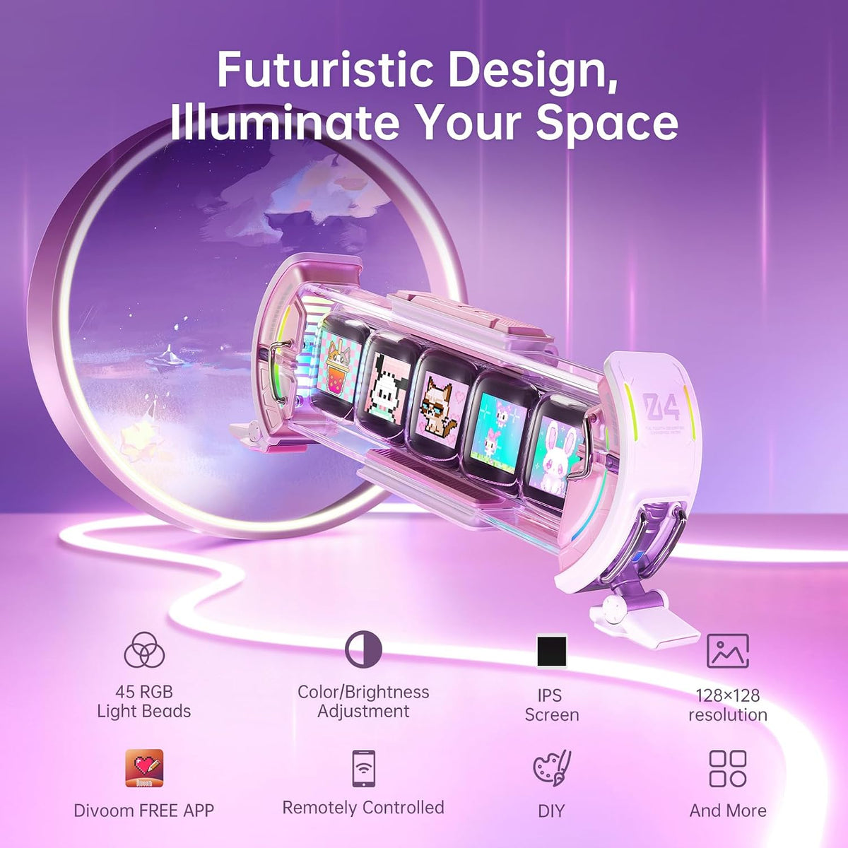 Times Gate - Cyberpunk Gaming Setup Digital Alarm Clock, Smart APP, WiFi Connect, RGB LED Display, Personalized Financial & Bitcoin Dashboard, Pixel Art for Gaming Room & Office Decor, Silver