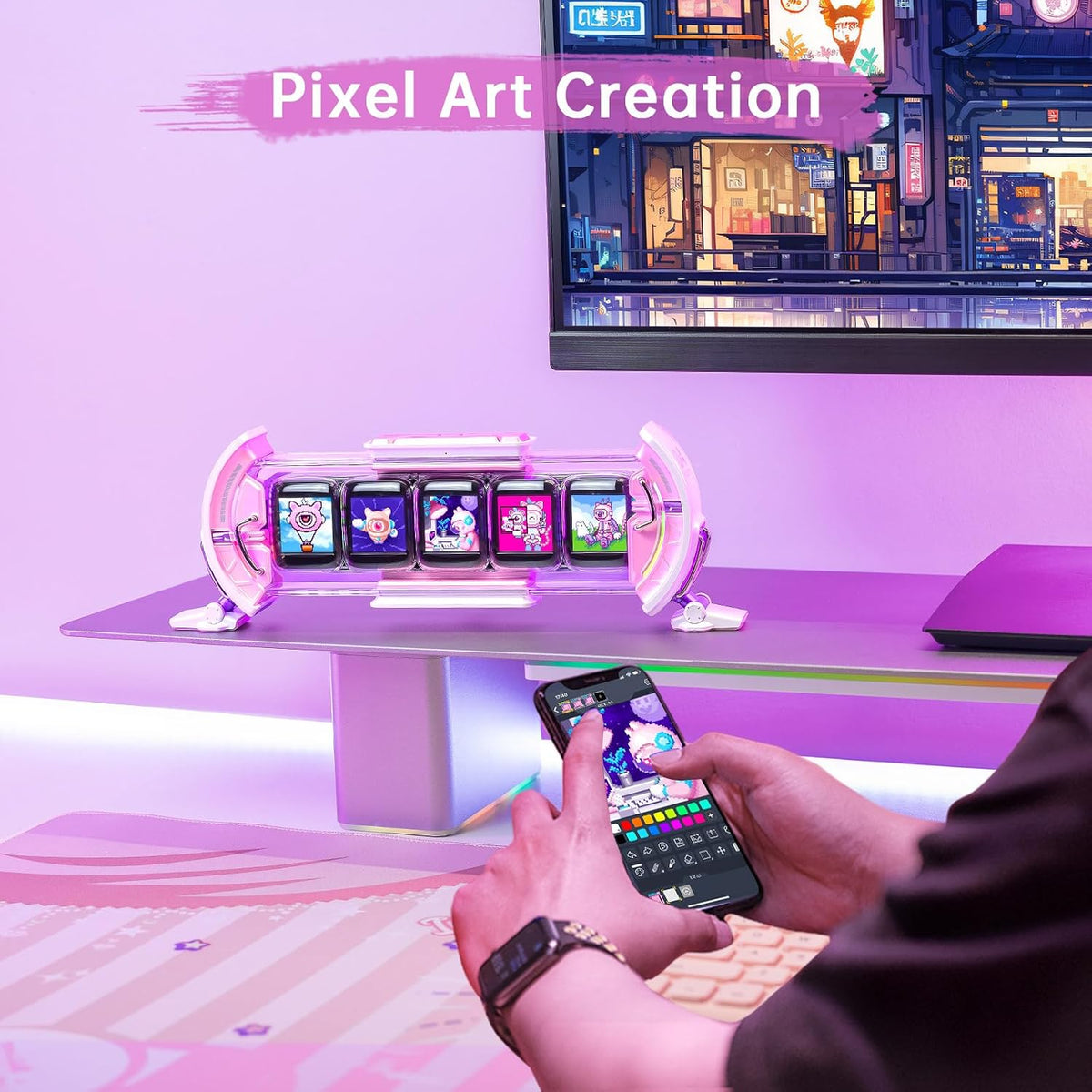 Times Gate - Cyberpunk Gaming Setup Digital Alarm Clock, Smart APP, WiFi Connect, RGB LED Display, Personalized Financial & Bitcoin Dashboard, Pixel Art for Gaming Room & Office Decor, Silver