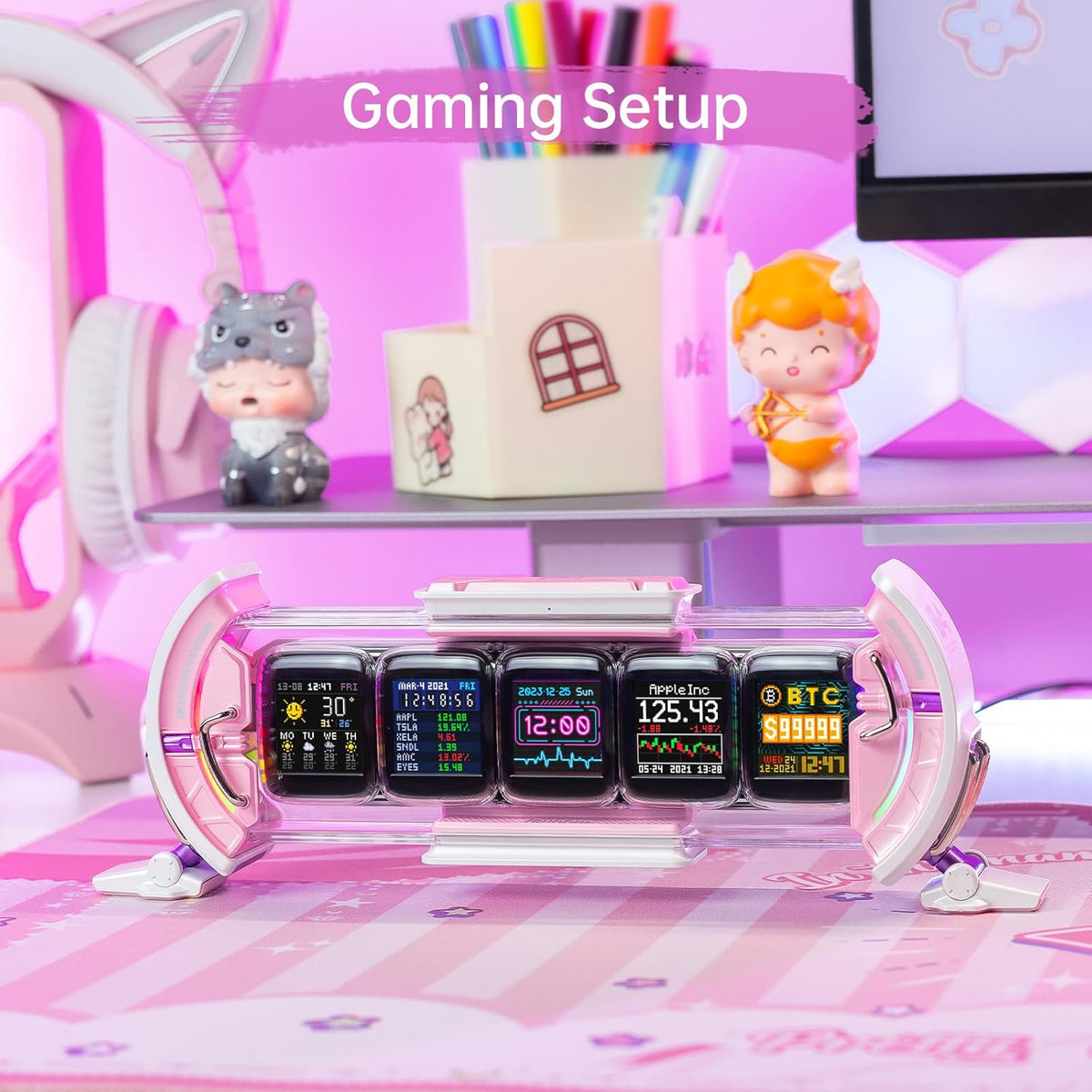 Times Gate - Cyberpunk Gaming Setup Digital Alarm Clock, Smart APP, WiFi Connect, RGB LED Display, Personalized Financial & Bitcoin Dashboard, Pixel Art for Gaming Room & Office Decor, Silver