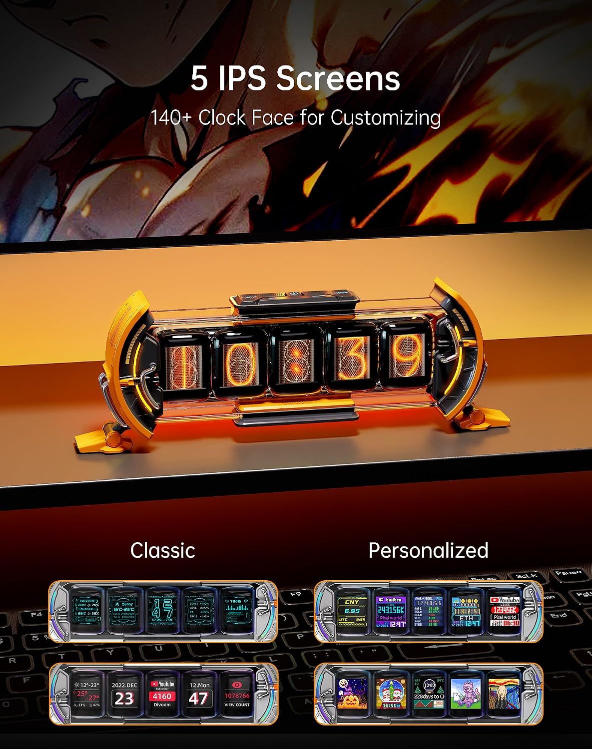 Times Gate - Cyberpunk Gaming Setup Digital Alarm Clock, Smart APP, WiFi Connect, RGB LED Display, Personalized Financial & Bitcoin Dashboard, Pixel Art for Gaming Room & Office Decor, Silver