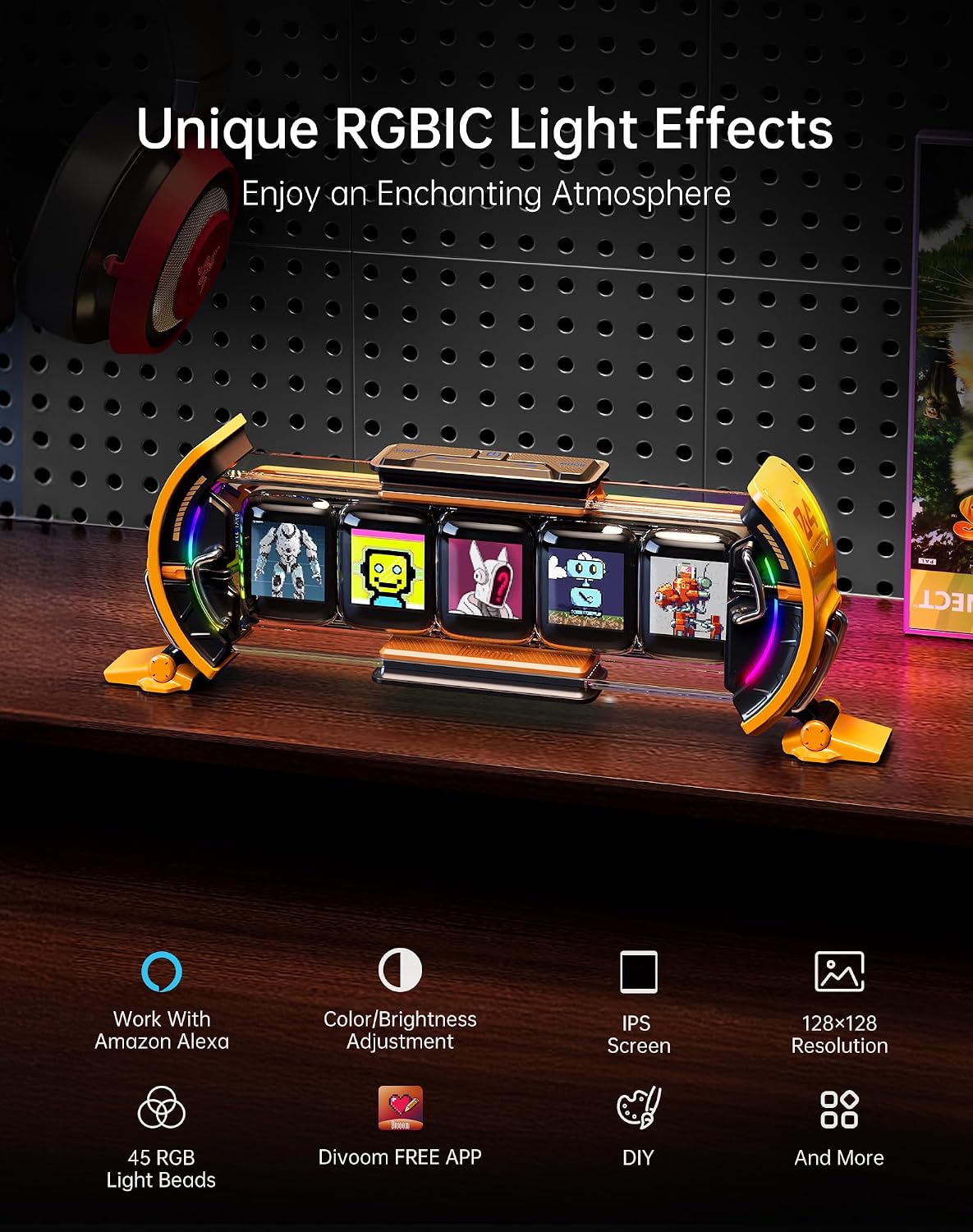 Times Gate - Cyberpunk Gaming Setup Digital Alarm Clock, Smart APP, WiFi Connect, RGB LED Display, Personalized Financial & Bitcoin Dashboard, Pixel Art for Gaming Room & Office Decor, Silver