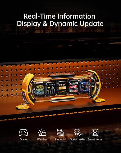 Times Gate - Cyberpunk Gaming Setup Digital Alarm Clock, Smart APP, WiFi Connect, RGB LED Display, Personalized Financial & Bitcoin Dashboard, Pixel Art for Gaming Room & Office Decor, Silver