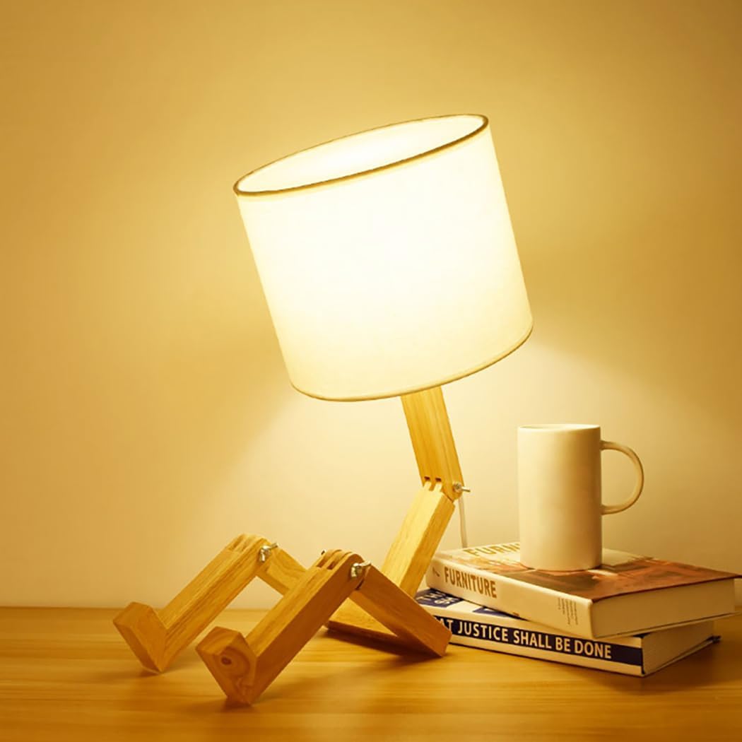 Cute Desk Lamp, Unique Table Lamp,Wooden Bedside Table Lamps Fun Quirky Robot Lamp Whimsical Cute Light for Home,Dorm Room,Kids Room,Office,Gift, Adjustable Shape