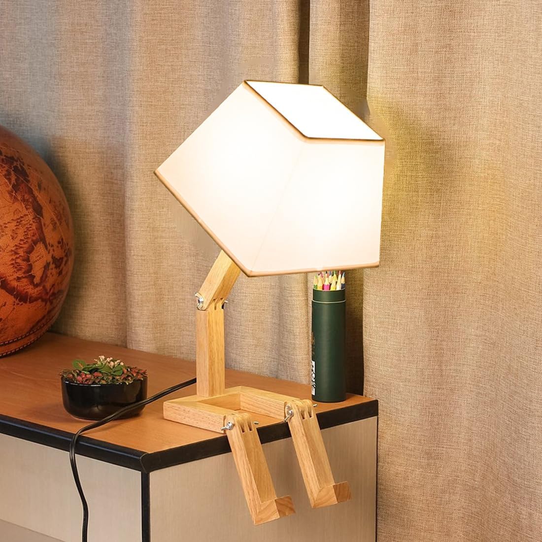 Cute Desk Lamp, Unique Table Lamp,Wooden Bedside Table Lamps Fun Quirky Robot Lamp Whimsical Cute Light for Home,Dorm Room,Kids Room,Office,Gift, Adjustable Shape