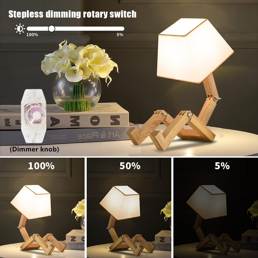 Cute Desk Lamp, Unique Table Lamp,Wooden Bedside Table Lamps Fun Quirky Robot Lamp Whimsical Cute Light for Home,Dorm Room,Kids Room,Office,Gift, Adjustable Shape