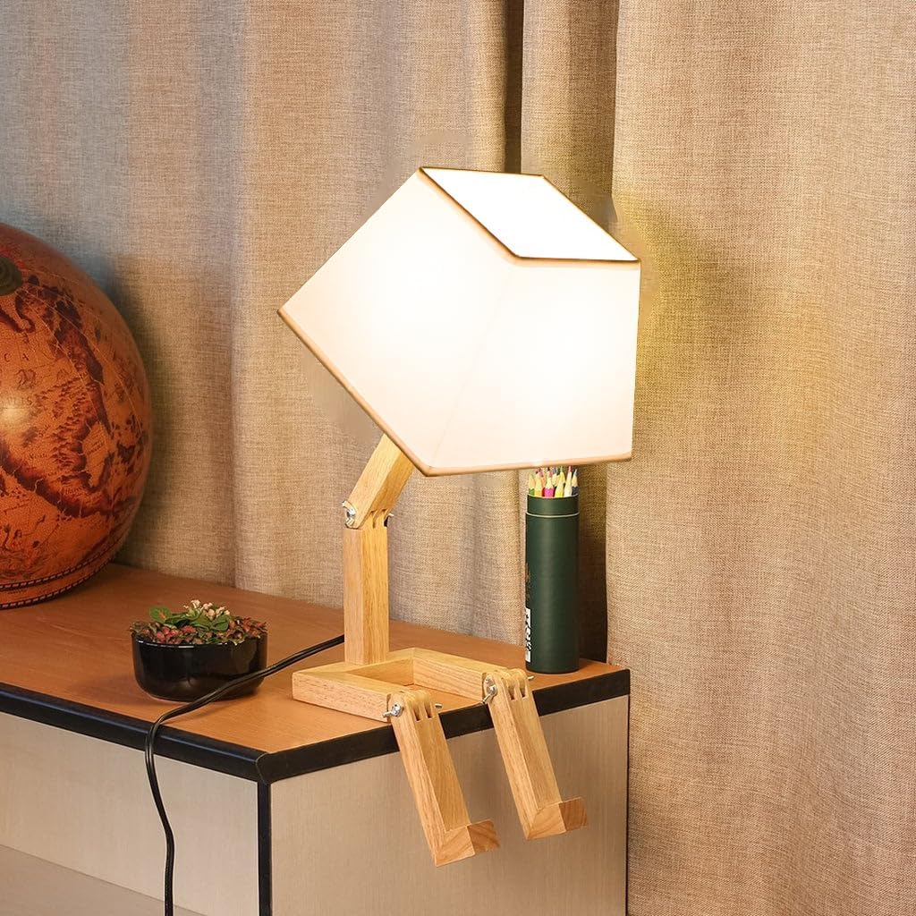Cute Desk Lamp, Unique Table Lamp,Wooden Bedside Table Lamps Fun Quirky Robot Lamp Whimsical Cute Light for Home,Dorm Room,Kids Room,Office,Gift, Adjustable Shape