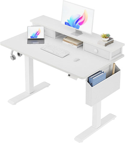 White Electric Standing Desk with Drawers, 40 Inch