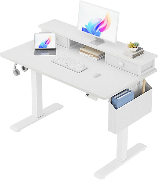 White Electric Standing Desk with Drawers, 40 Inch
