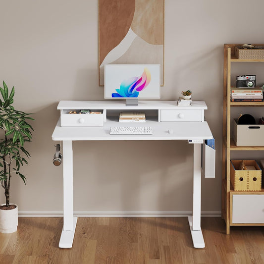 White Electric Standing Desk with Drawers, 40 Inch
