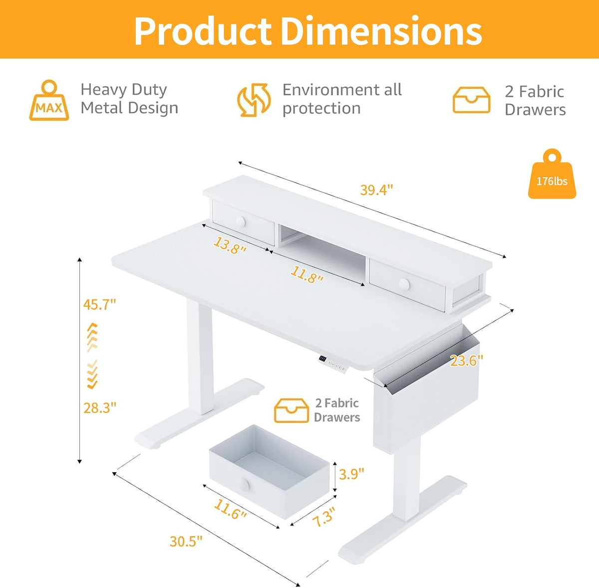 White Electric Standing Desk with Drawers, 40 Inch