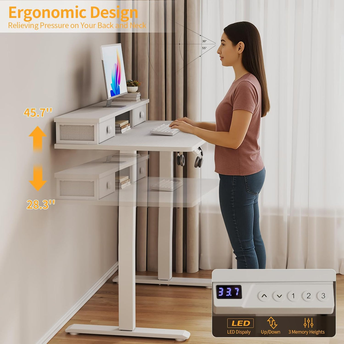 White Electric Standing Desk with Drawers, 40 Inch
