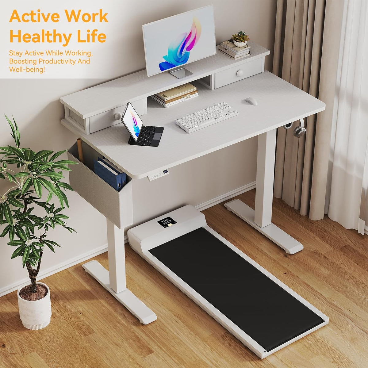 White Electric Standing Desk with Drawers, 40 Inch
