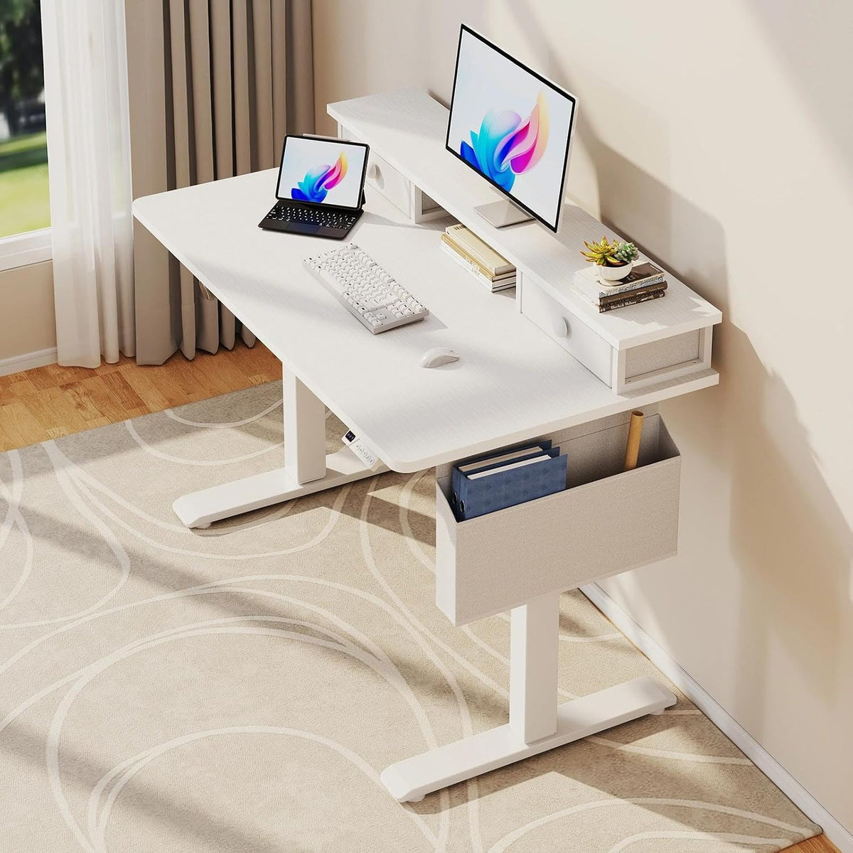 White Electric Standing Desk with Drawers, 40 Inch