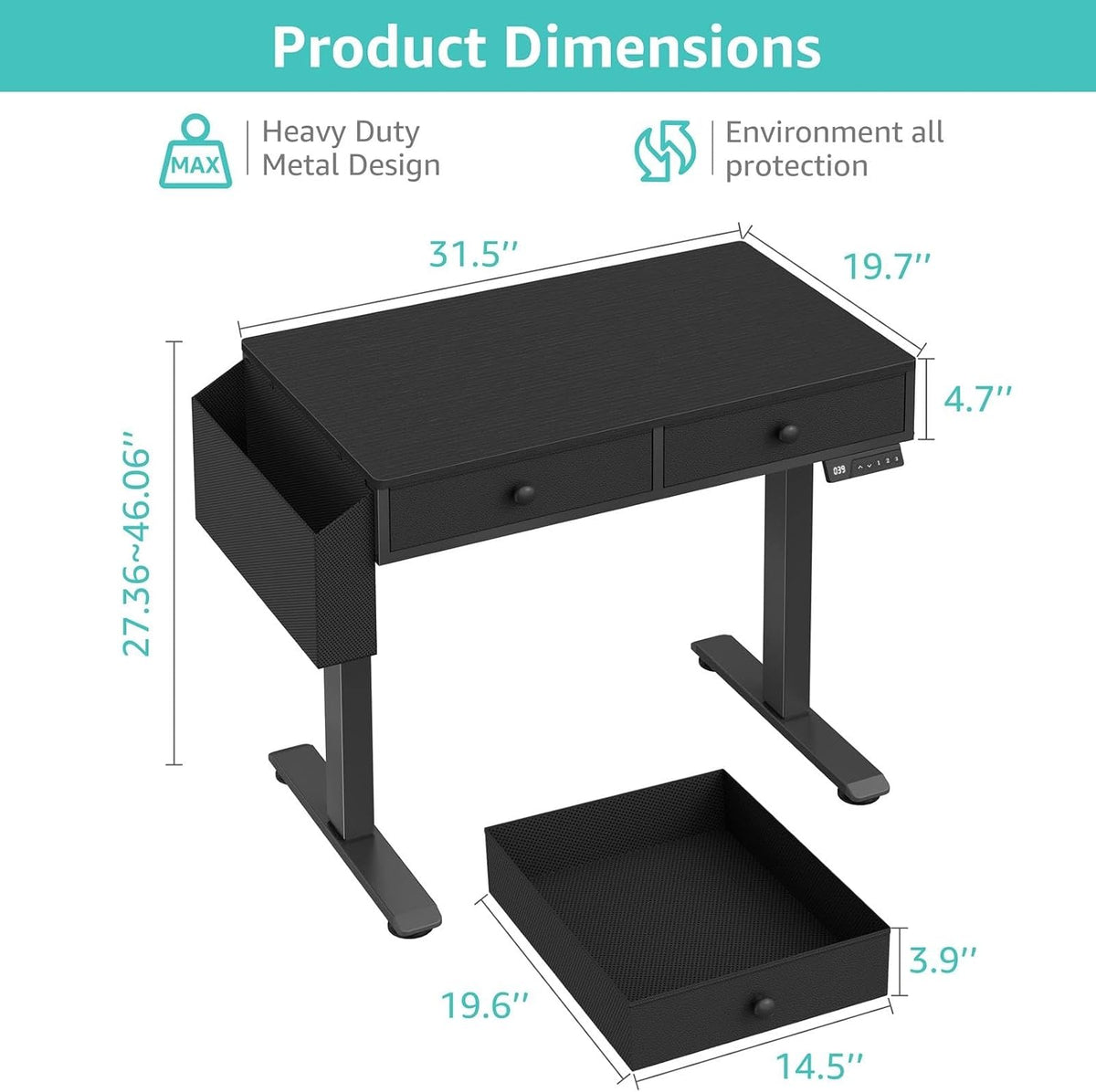 White Electric Standing Desk with Drawers, 40 Inch