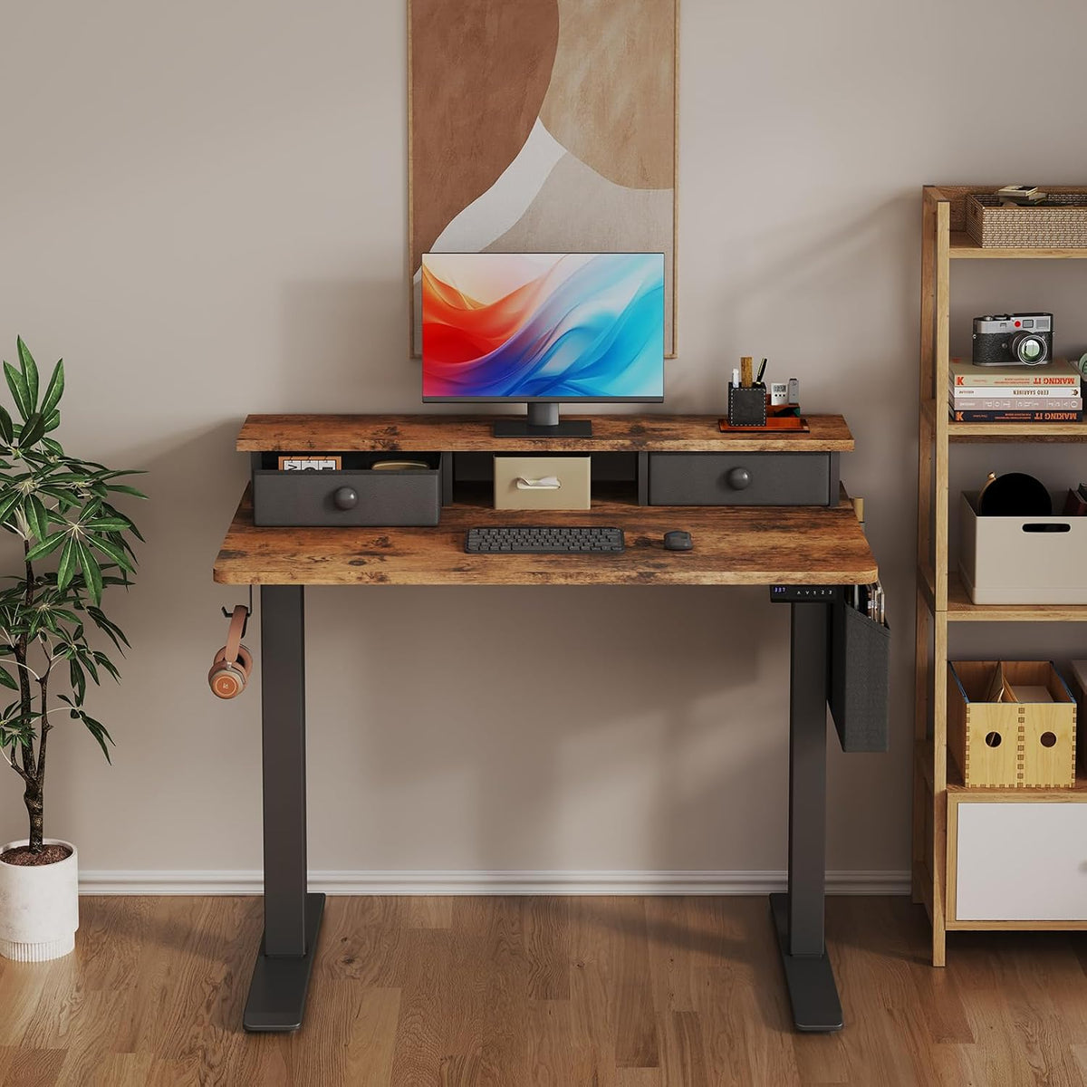 White Electric Standing Desk with Drawers, 40 Inch