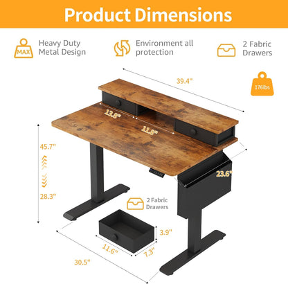 White Electric Standing Desk with Drawers, 40 Inch