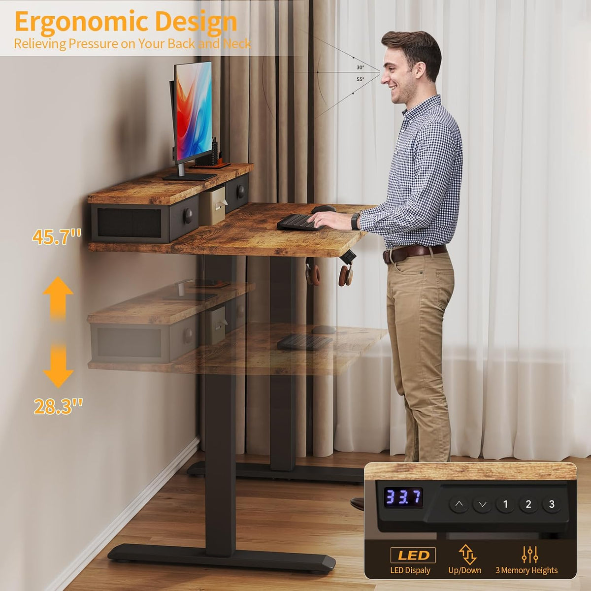 White Electric Standing Desk with Drawers, 40 Inch