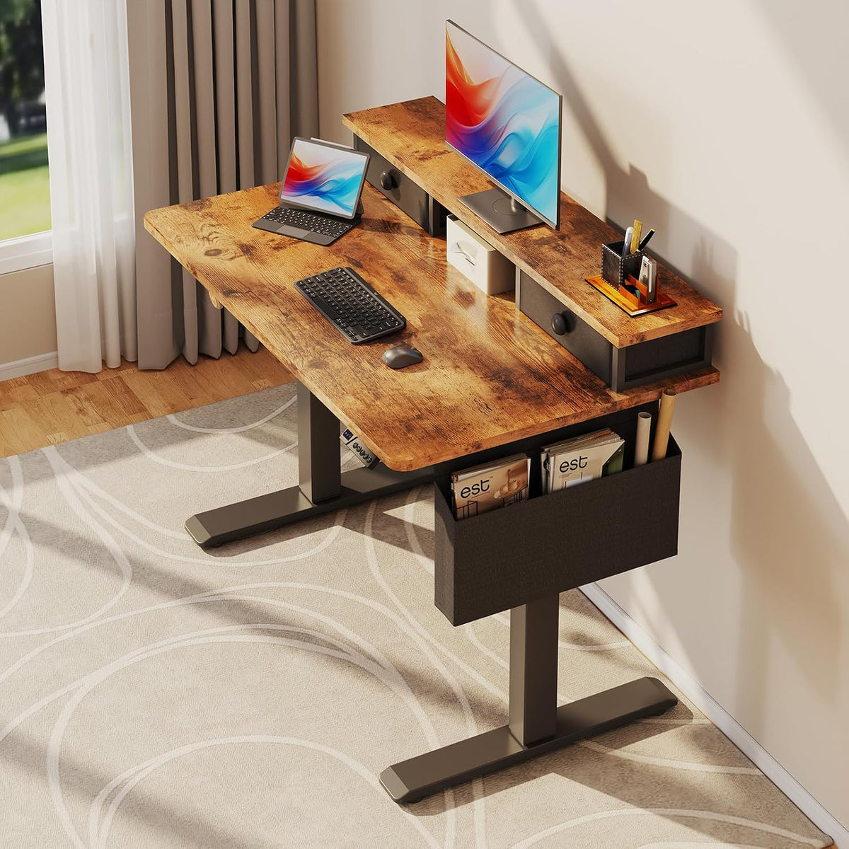White Electric Standing Desk with Drawers, 40 Inch