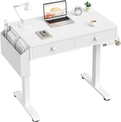 White Electric Standing Desk with Drawers, 40 Inch