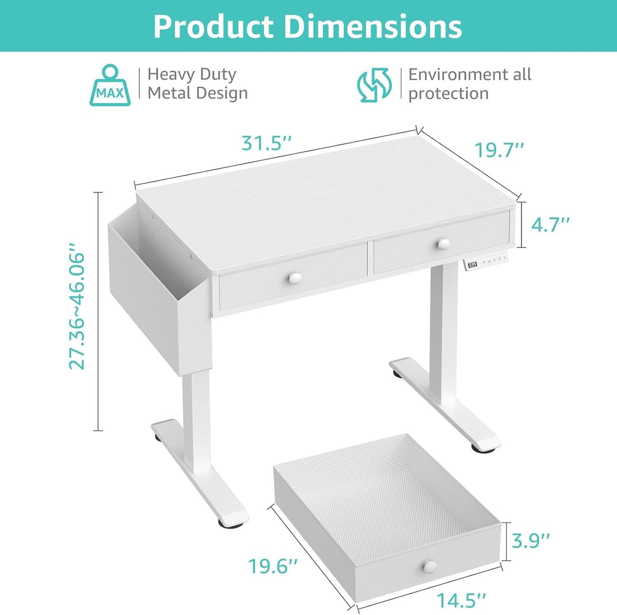 White Electric Standing Desk with Drawers, 40 Inch