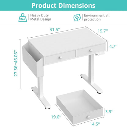 White Electric Standing Desk with Drawers, 40 Inch