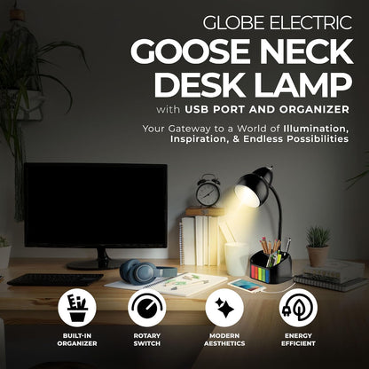 6.3 x 6.69 x 10.63 Inches Goose Neck Desk Lamp with 10 Watt A-19 Non Dimmable LED Bulb, 2.1a USB Port and Organizer, Black