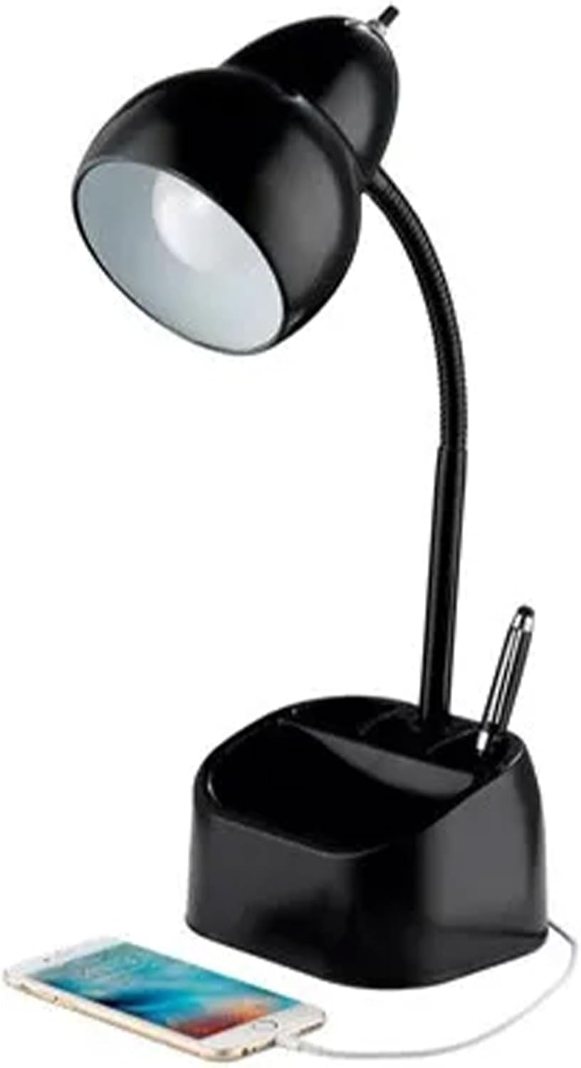 6.3 x 6.69 x 10.63 Inches Goose Neck Desk Lamp with 10 Watt A-19 Non Dimmable LED Bulb, 2.1a USB Port and Organizer, Black