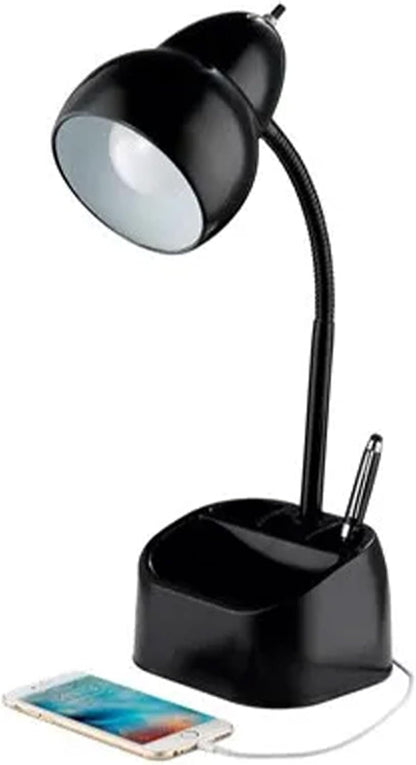 6.3 x 6.69 x 10.63 Inches Goose Neck Desk Lamp with 10 Watt A-19 Non Dimmable LED Bulb, 2.1a USB Port and Organizer, Black