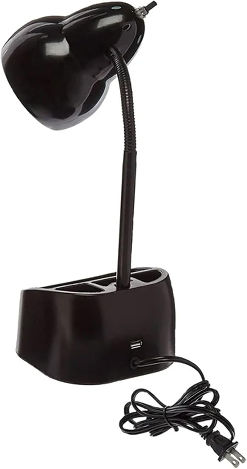 6.3 x 6.69 x 10.63 Inches Goose Neck Desk Lamp with 10 Watt A-19 Non Dimmable LED Bulb, 2.1a USB Port and Organizer, Black